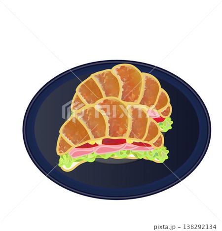 皿に乗せられたクロワッサンサンドウィッチのイラスト 138292134