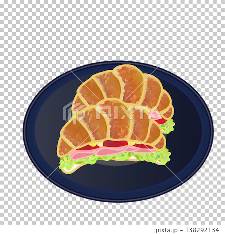 皿に乗せられたクロワッサンサンドウィッチのイラスト 138292134