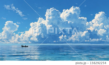 青い海水平線入道雲船夏背景水彩イラスト 138292254