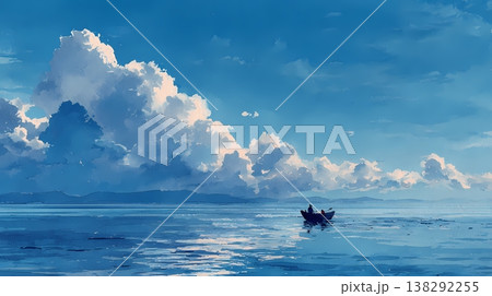 青い海水平線入道雲船夏背景水彩イラスト 138292255