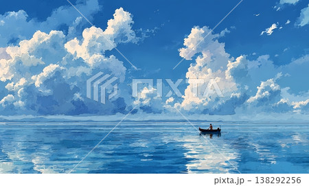 青い海水平線入道雲船夏背景水彩イラスト 138292256