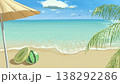 カモメが舞う青空と強い日差し、水遊びグッズが置かれた夏の海岸の手描き風景 138292286
