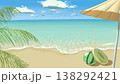カモメが舞う青空と、水遊びグッズが置かれた夏の海岸の手描き風景 138292421