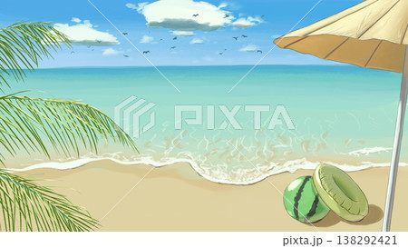 カモメが舞う青空と、水遊びグッズが置かれた夏の海岸の手描き風景 138292421