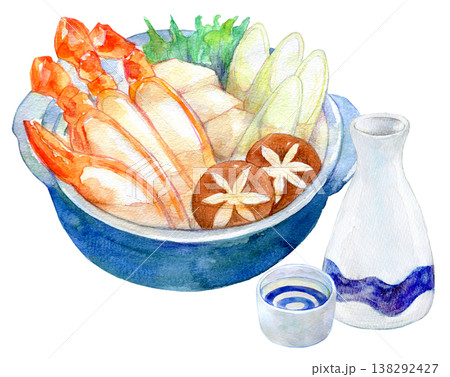 水彩イラスト 手描きイラスト 鍋料理と熱燗 蟹鍋 水彩イラスト 手描きイラスト 鍋料理と熱燗 蟹鍋 138292427