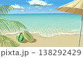 カモメが舞う青空と、水遊びグッズが置かれた夏の海岸の手描き風景 138292429