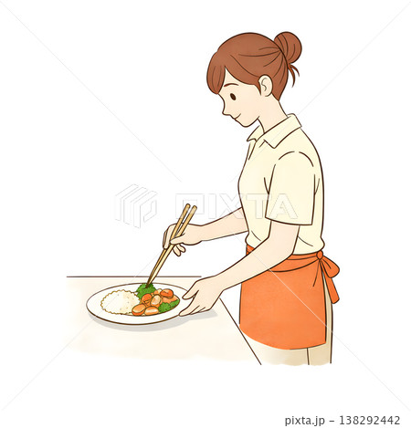 料理を丁寧に盛り付ける家事代行スタッフ（シンプル手描きイラスト） 138292442