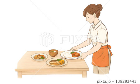 完成した料理をテーブルに並べる家事代行スタッフ(シンプル手描きイラスト) 完成した料理をテーブルに並べる家事代行スタッフ(シンプル手描きイラスト) 138292443