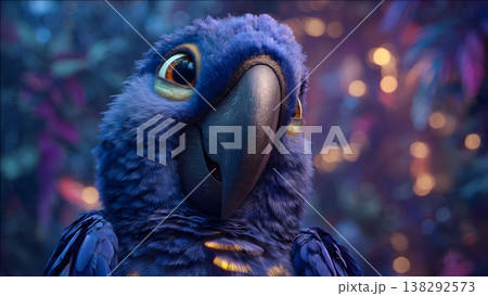 A detailed close-up of a bright blue macaw parrot, featuring intricate feather details and a blurred, colorful jungle backdrop. 138292573