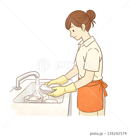 食器を丁寧に洗う家事代行スタッフ（シンプル手描きイラスト） 138292574