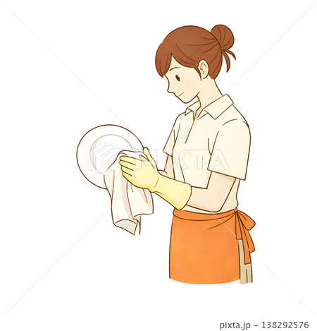 タイトル：食器を丁寧に拭いて片付ける家事代行スタッフ（シンプル手描きイラスト） 138292576