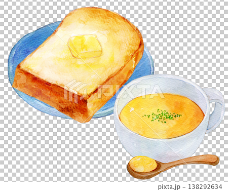 Watercolor illustration, hand-drawn illustration, bread and soup set 138292634