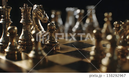 Close-up of a luxury chess set with golden pieces and transparent pieces on a dark board. 138292967