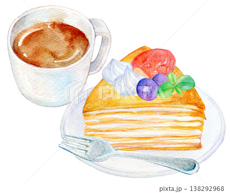 水彩イラスト　手描きイラスト　ミルクレープとドリンクのセット 138292968
