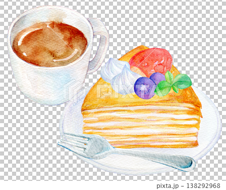 水彩イラスト　手描きイラスト　ミルクレープとドリンクのセット 138292968