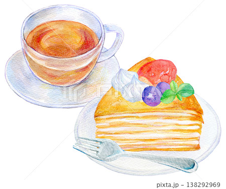 水彩イラスト 手描きイラスト ミルクレープとドリンクのセット 水彩イラスト 手描きイラスト ミルクレープとドリンクのセット 138292969