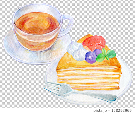 Watercolor illustration, hand-drawn illustration, set of mille-crêpe cake and drink. 138292969