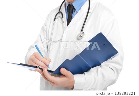 Mid-section of a male doctor in a white coat with a stethoscope writing notes on a blue clipboard. Healthcare professional filling medical records. Isolated on white. Mid-section of a male doctor in a white coat with a stethoscope writing notes on a blue clipboard. Healthcare professional filling medical records. Isolated on white. 138293221