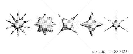 Halftone bitmap stars set. Pixelated comic burst and sparkle for poster, banner, flyer, collage, sticker. 3d dotted grain star shape collection. 8 bit grunge element bundle. Vector graphic design pack 138293225