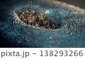 Abstract digital fingerprint with glowing city lights, symbolizing technology, identity, and data. 138293266