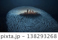 A detailed fingerprint morphs into a futuristic cityscape, symbolizing identity, security, and urban development. 138293268