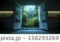 A surreal concept of a refrigerator filled with a vibrant jungle, symbolizing nature's resilience and unexpected growth. 138293269