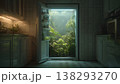 A surreal concept: a kitchen refrigerator door opens to reveal a vibrant, lush jungle. 138293270