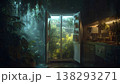 A surreal scene of a kitchen with an open refrigerator filled with vibrant green plants, symbolizing nature's embrace. 138293271