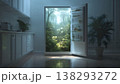 A surreal scene where a kitchen refrigerator door opens to reveal a vibrant, misty forest. 138293272
