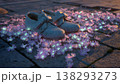 Enchanting scene of delicate shoes nestled among bioluminescent flowers on a stone path. 138293273