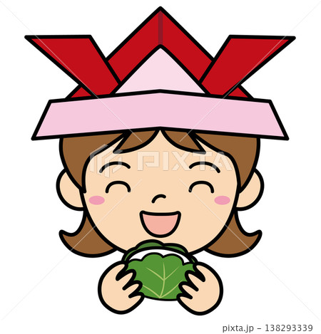 笑顔でかしわ餅を持つ折り紙かぶとの女の子イラスト 端午の節句 子供の日素材 笑顔でかしわ餅を持つ折り紙かぶとの女の子イラスト 端午の節句 子供の日素材 138293339