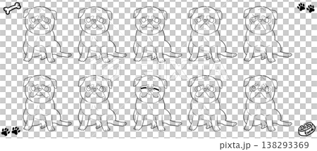 色んな表情のお座りパグ線画イラストセット 138293369