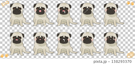 A set of illustrations of sitting pugs with various expressions. A set of illustrations of sitting pugs with various expressions. 138293370