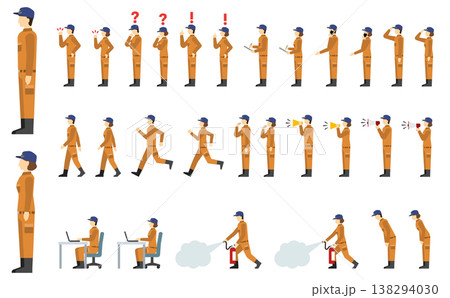 フラットイラスト：男女の消防士セット オレンジ制服(サイド) 138294030