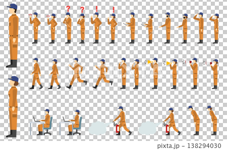 フラットイラスト：男女の消防士セット オレンジ制服(サイド) 138294030