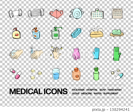 A set of medical and health icons including masks, hospitals, soap, and medicine. 138294241