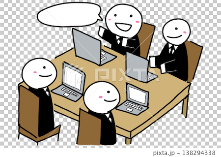 Hand-drawn illustration of a meeting (conference, smiles, dialogue) (Variation 2) 138294338