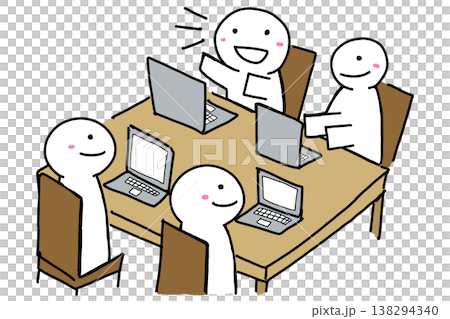 Hand-drawn illustration of a meeting (conference, smiles, dialogue) (4 variations) 138294340