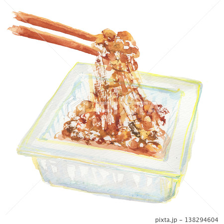 水彩タッチの納豆のイラスト・箸で糸を引くパック納豆 水彩タッチの納豆のイラスト・箸で糸を引くパック納豆 138294604
