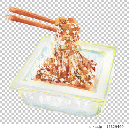 水彩タッチの納豆のイラスト・箸で糸を引くパック納豆 水彩タッチの納豆のイラスト・箸で糸を引くパック納豆 138294604