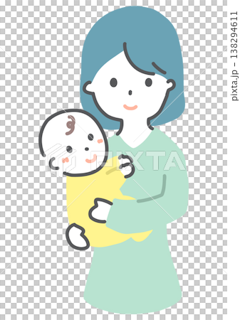 A smiling woman holding a baby, front view, hand-drawn style illustration. 138294611