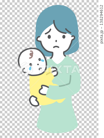 一位抱著嬰兒的女子，神情憂慮，正面視角，手繪風格插圖。 138294612