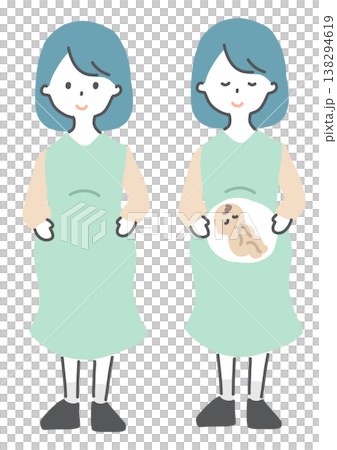 Illustration of a pregnant woman, front view, showing a baby inside her belly. 138294619