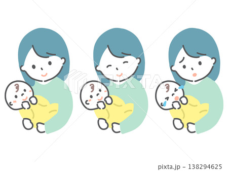 赤ちゃんを抱っこする母親 表情バリエーション 手書き風イラスト 赤ちゃんを抱っこする母親 表情バリエーション 手書き風イラスト 138294625