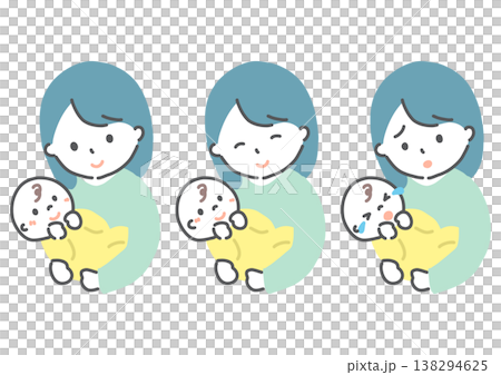 母親抱著嬰兒，各種表情，手繪風格插圖 138294625