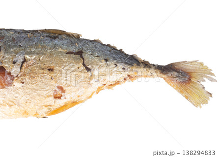 Fried mackerel on a white background closeup tail 138294833
