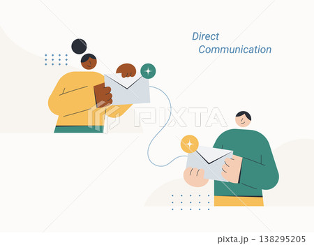 Flat style illustration of two diverse person sending and receiving envelope messages connected by a line, representing direct communication, email exchange and correspondence concept. 138295205