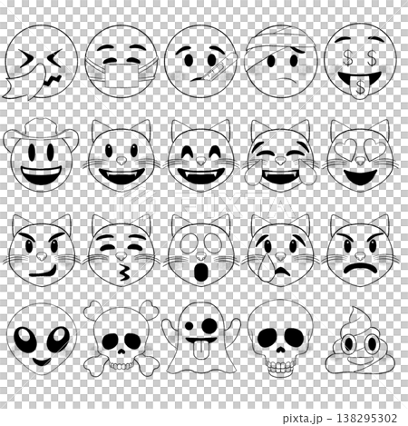 A set of icons featuring ghosts, cats, and faces with various expressions. A set of icons featuring ghosts, cats, and faces with various expressions. 138295302