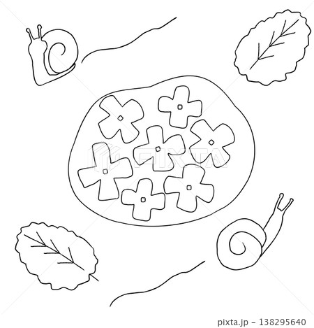 シンプルな手描きのアジサイとカタツムリのイラスト シンプルな手描きのアジサイとカタツムリのイラスト 138295640