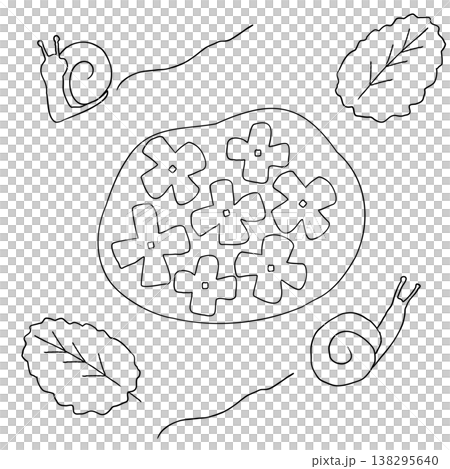 シンプルな手描きのアジサイとカタツムリのイラスト シンプルな手描きのアジサイとカタツムリのイラスト 138295640